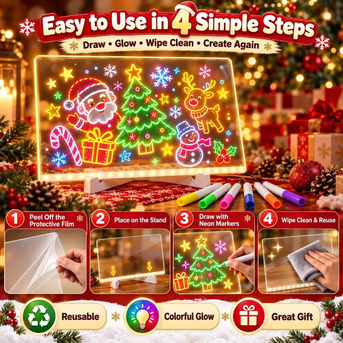 🎨 LED Light-Up Drawing Board for Kids – Reusable Glow Art Kit