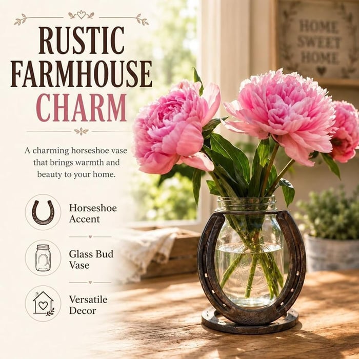 Rustic Horseshoe Flower Vase, Farmhouse Glass Bud Vase Decor with Matte Cast Iron Horseshoe Stand