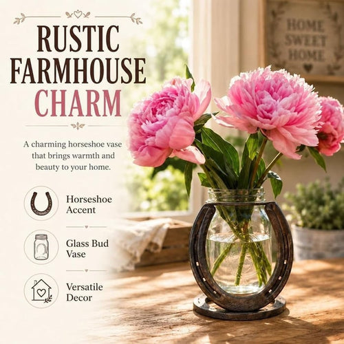 Rustic Horseshoe Flower Vase, Farmhouse Glass Bud Vase Decor with Matte Cast Iron Horseshoe Stand