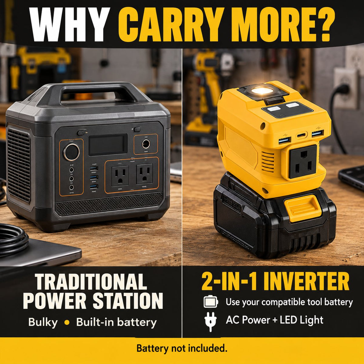 2-in-1 Portable Power Inverter & Floodlight | Convert Tool Batteries to 110V AC