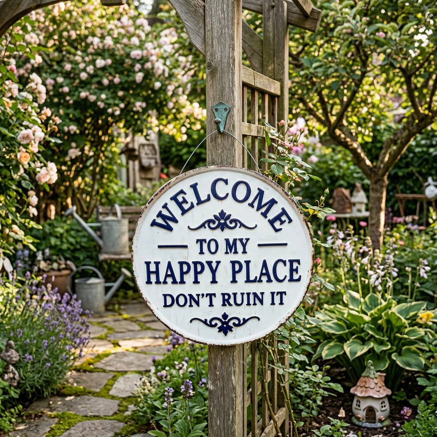 The "Happy Place" Boundary Sign – Funny Vintage Metal Wall Art , "Don’t Ruin It" Garden Decor ✨🏡