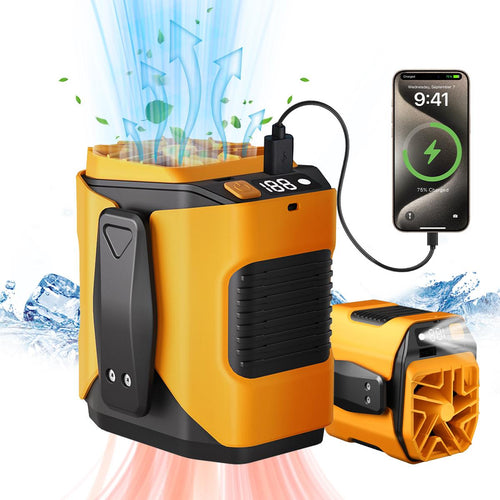 🌬️ Waist Wearable Portable Fan 🔋 Built-in 6000mAh Power Bank, 100 Speeds 5300RPM with LED Light for Work, Fishing & Camping