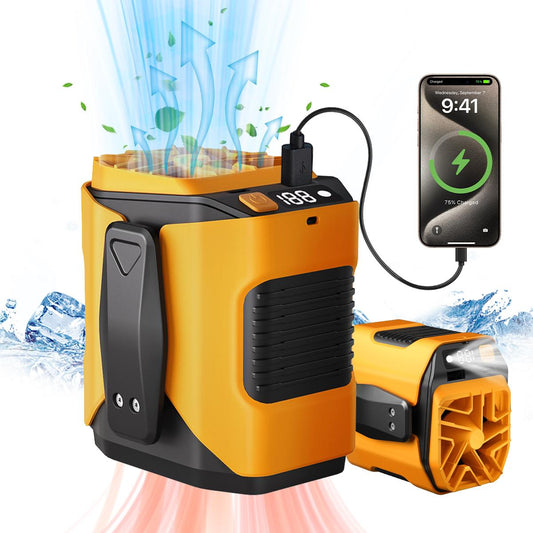 🌬️ Waist Wearable Portable Fan 🔋 Built-in 6000mAh Power Bank, 100 Speeds 5300RPM with LED Light for Work, Fishing & Camping