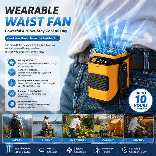 Portable Waist Clip Fan with LED Light - 5000 mAh Battery