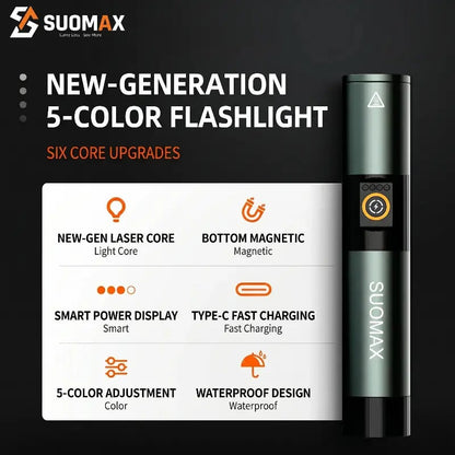 SUOMAX 5-in-1 Multi-Color LED Flashlight - High Lumens Rechargeable Tactical Torch