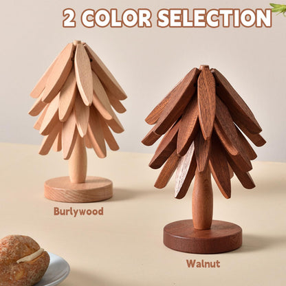 Natural Tree Trivet Set - 4 Wooden Trivets & 1 Stand Like a Christmas Tree