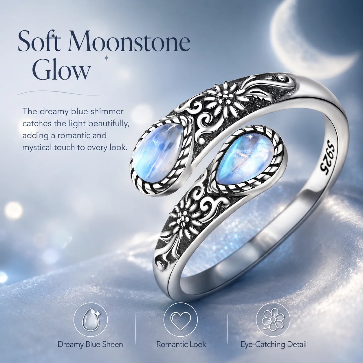 Vintage Moonstone Open Ring • Adjustable Open Band