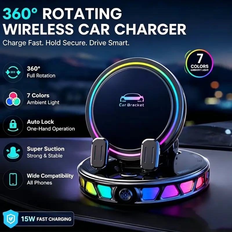 360° Rotating Wireless Charging Car Phone Mount with RGB LED Lights