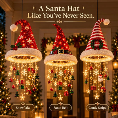 Santa Hat LED Hanging Light - A classic Santa hat raining warm fairy lights & Christmas charms(50*20 cm).