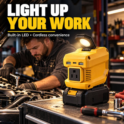 2-in-1 Portable Power Inverter & Floodlight | Convert Tool Batteries to 110V AC