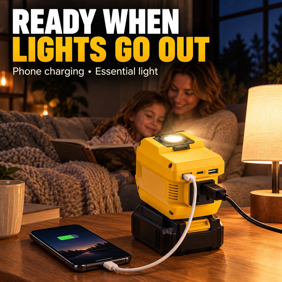 2-in-1 Portable Power Inverter & Floodlight | Convert Tool Batteries to 110V AC