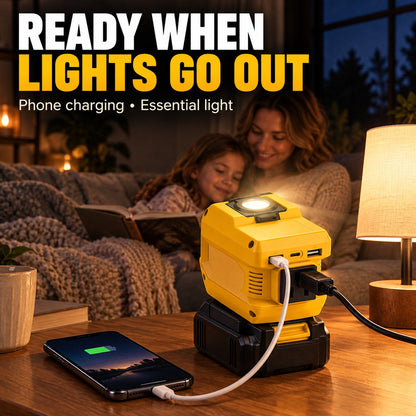 2-in-1 Portable Power Inverter & Floodlight | Convert Tool Batteries to 110V AC