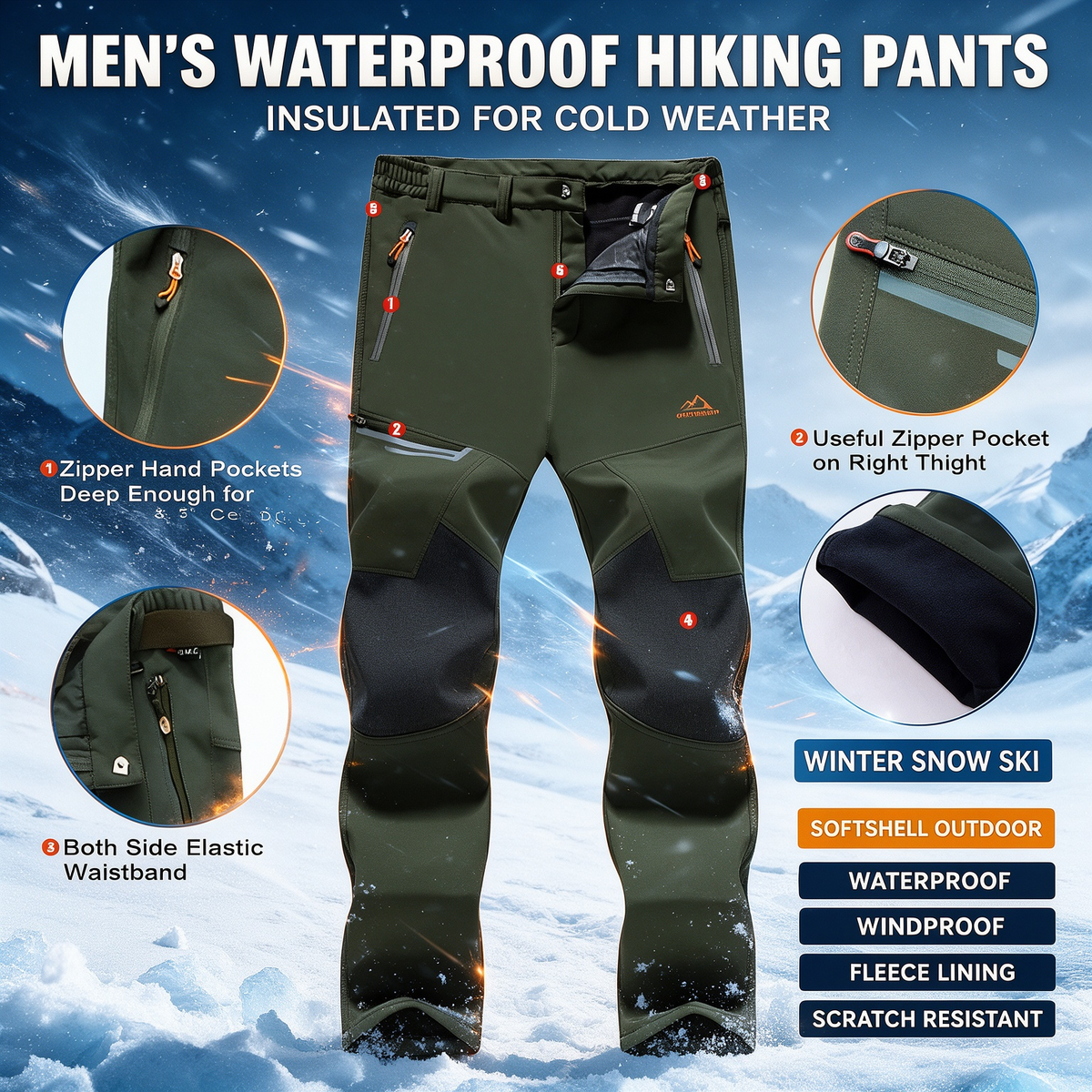 Men's Waterproof Pants Insulated Cold weather Hiking Winter Snow Ski Softshell Outdoor