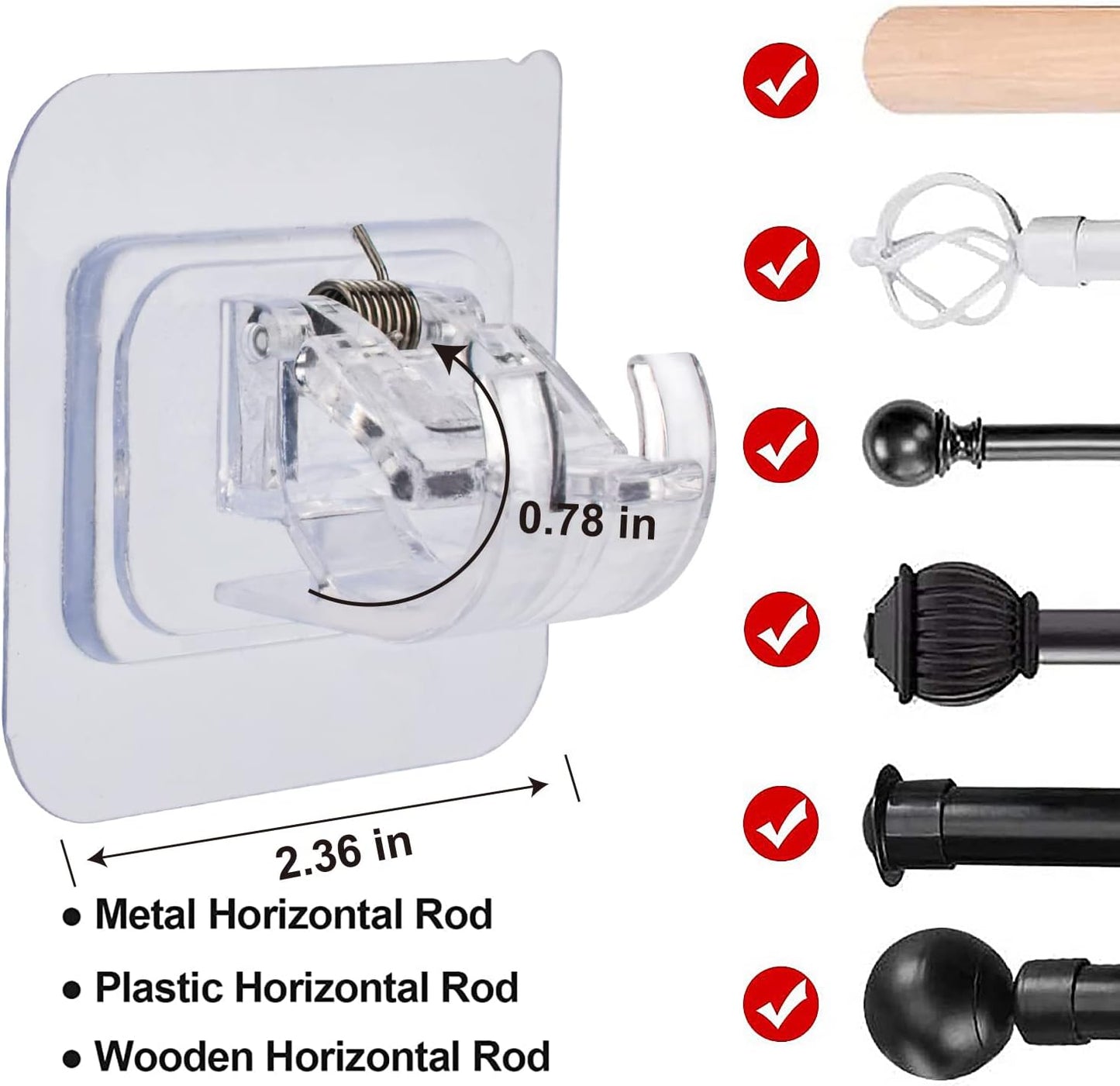 No Drill Clear Curtain Rod Brackets 4 Pcs Self-Adhesive Mount Nail Free Hangers for Bathroom, Bedroom, Hotel