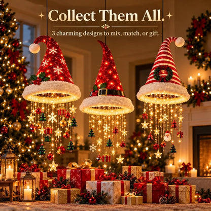 Santa Hat LED Hanging Light - A classic Santa hat raining warm fairy lights & Christmas charms(50*20 cm).
