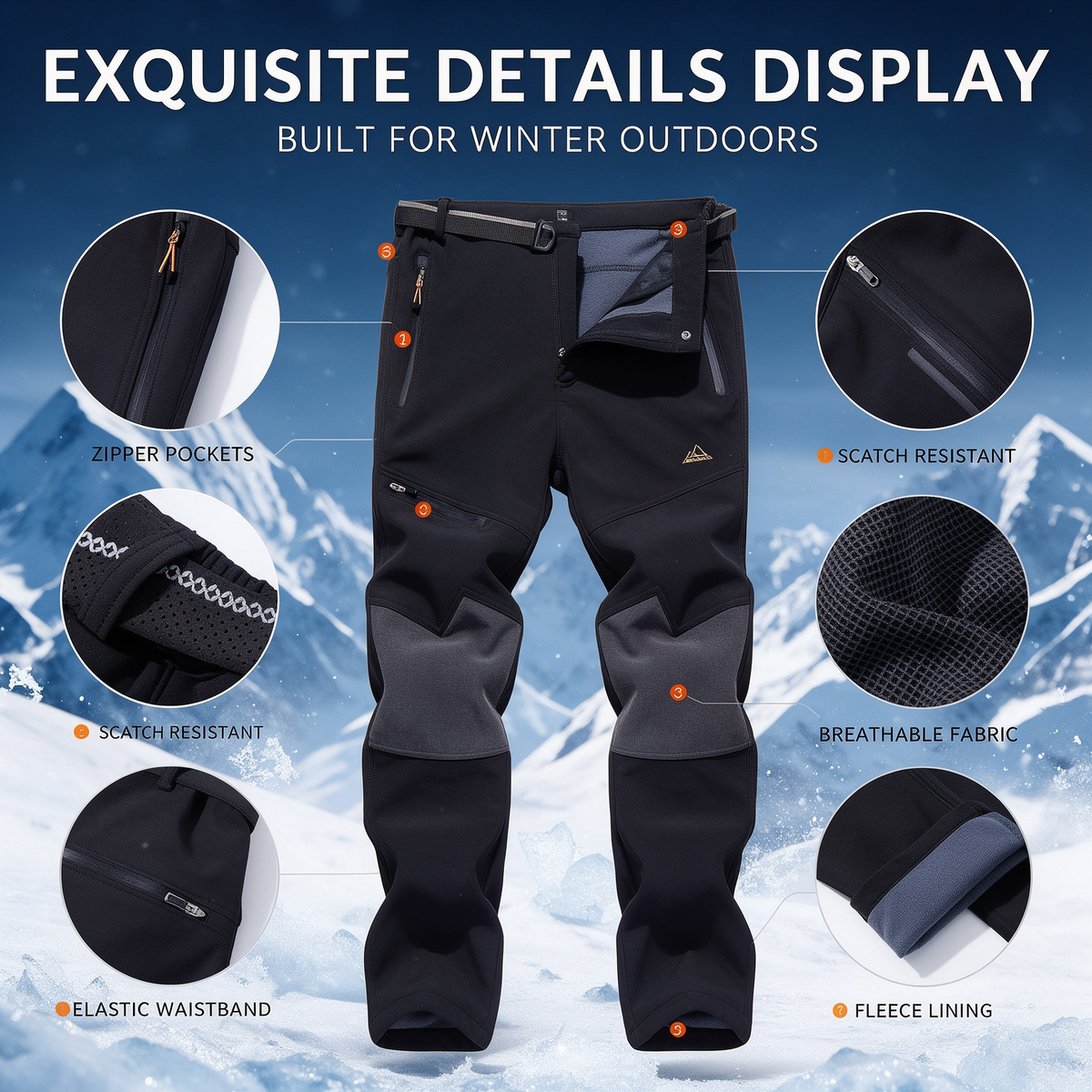 Men's Waterproof Pants Insulated Cold weather Hiking Winter Snow Ski Softshell Outdoor