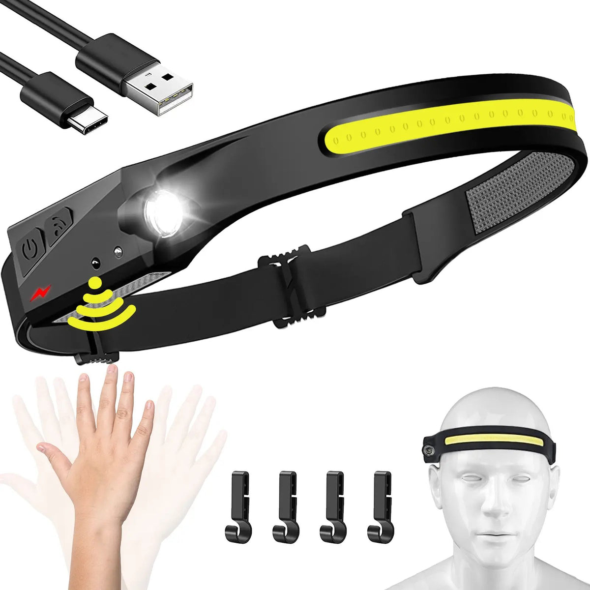 Rechargeable Headlamp | 230° Wide Beam LED with Motion Sensor, Adjustable Helmet-Fit Headband, Waterproof for Camping, Work & Emergencies
