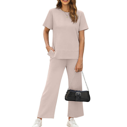 casual summer set featuring loose, wide-leg trousers—perfect for airport travel, beach vacations, and downtime; designed with short sleeves and soft, comfortable fabric