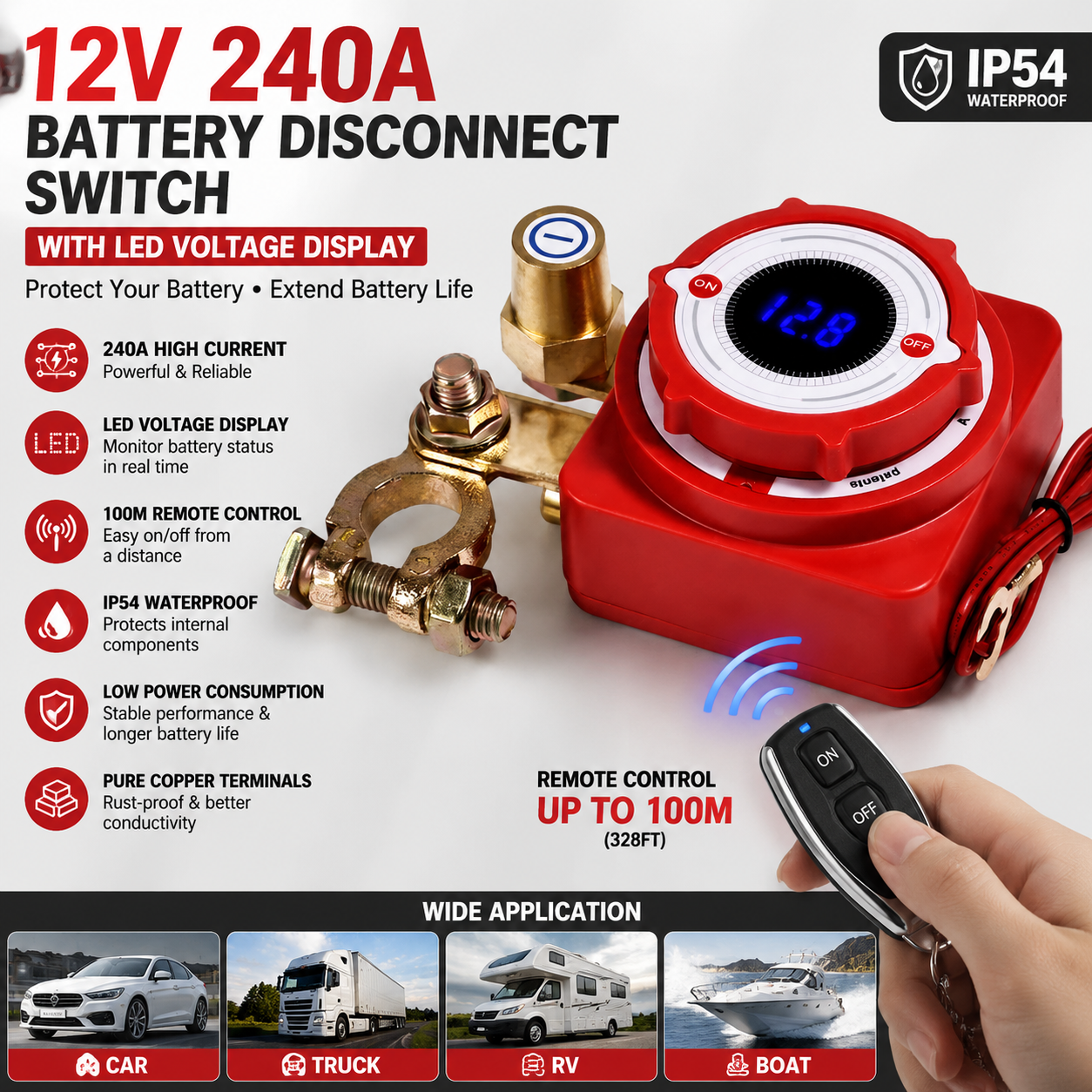 12V 240A Remote Battery Disconnect Switch with LED Voltage Display, Anti-Leakage Battery Kill Switch for Car Truck RV