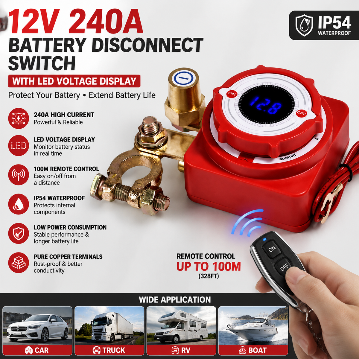 12V 240A Remote Battery Disconnect Switch with LED Voltage Display, Anti-Leakage Battery Kill Switch for Car Truck RV