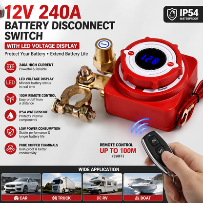 12V 240A Remote Battery Disconnect Switch with LED Voltage Display, Anti-Leakage Battery Kill Switch for Car Truck RV