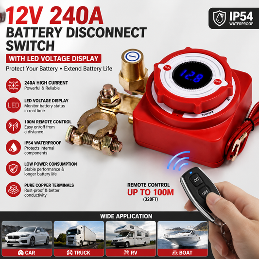 12V 240A Remote Battery Disconnect Switch with LED Voltage Display, Anti-Leakage Battery Kill Switch for Car Truck RV
