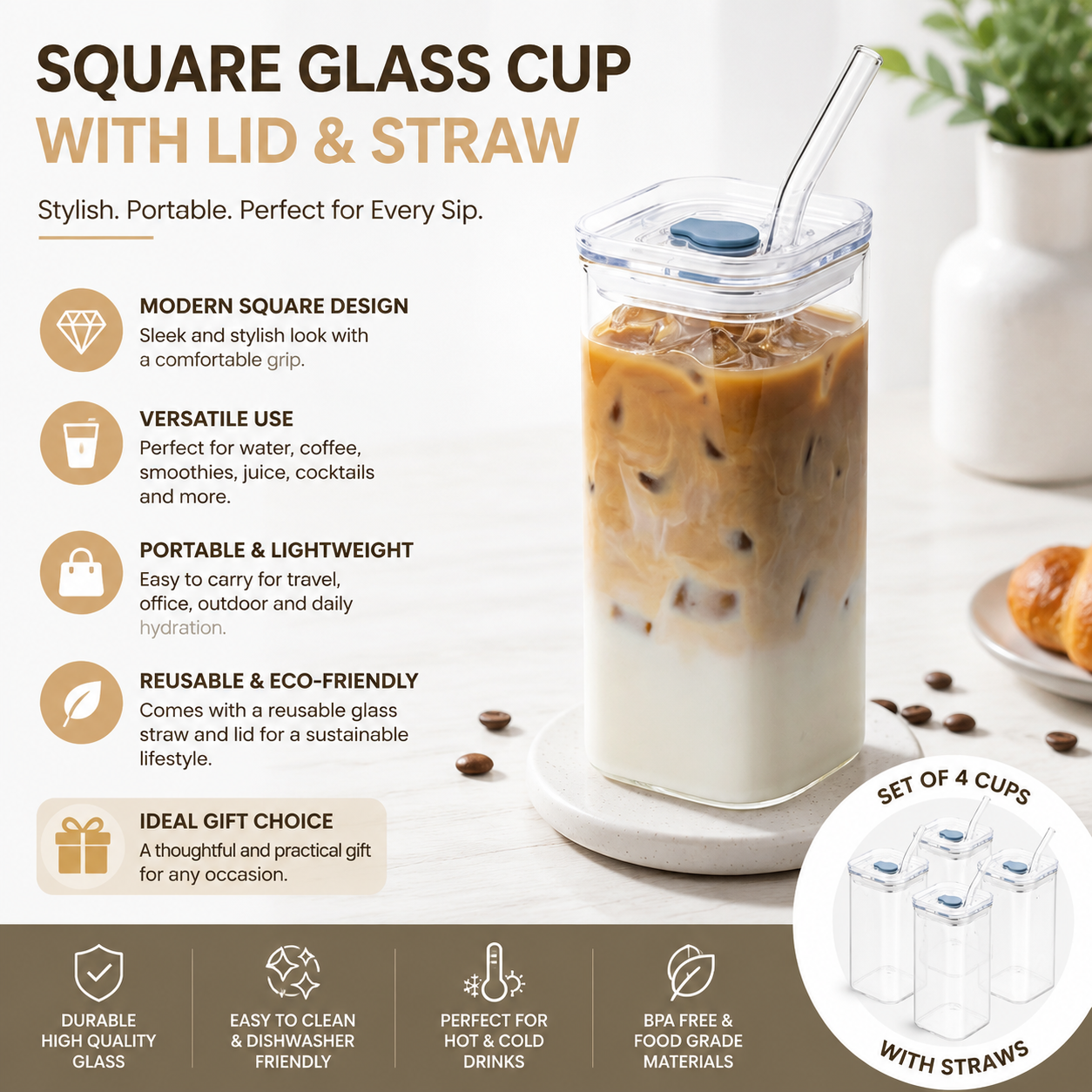 DWTS DANWEITESI 4-Pack Glass Cup and Straw Set - 13oz