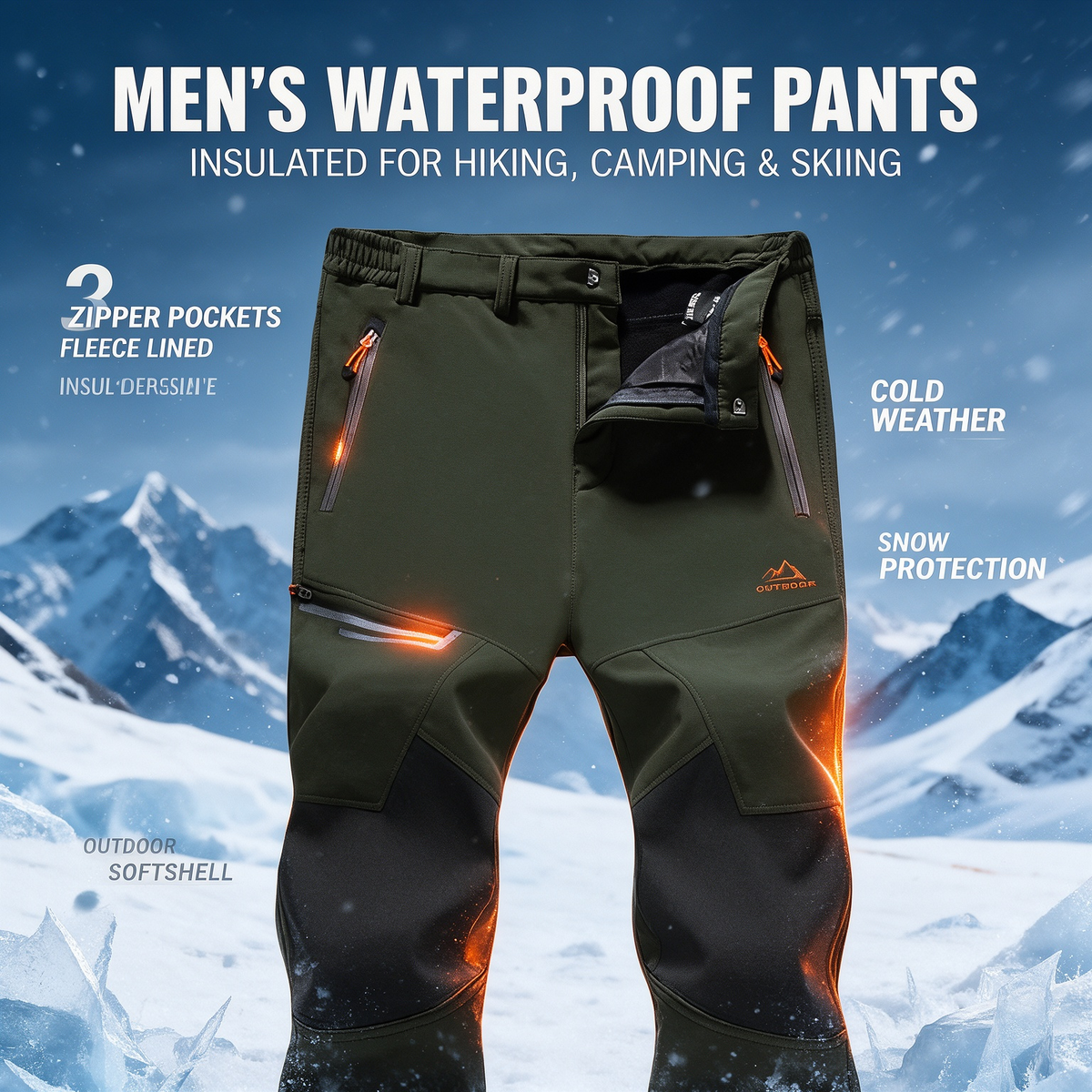 Men's Waterproof Pants Insulated Cold weather Hiking Winter Snow Ski Softshell Outdoor