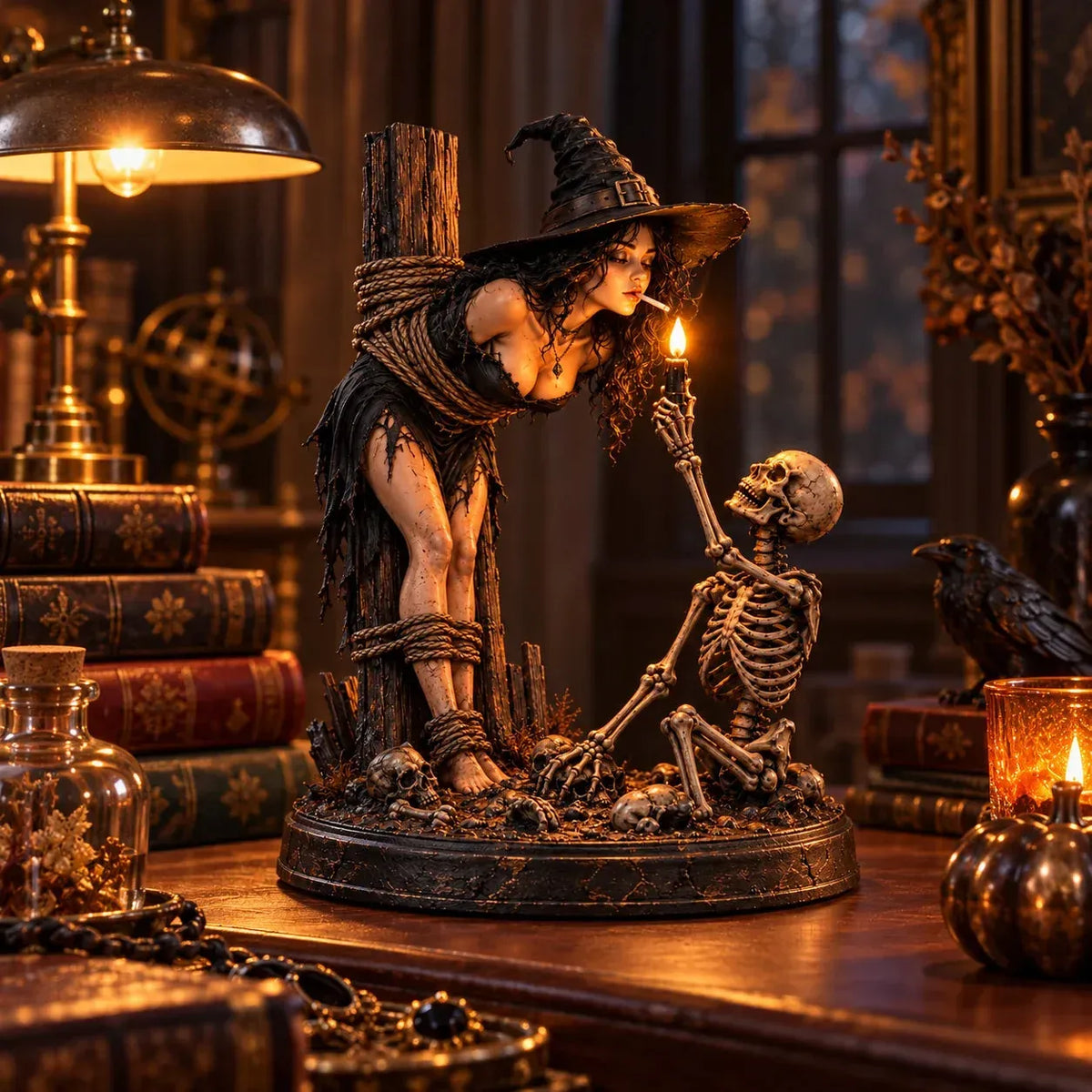 🖤 Light-Up Witch & Skeleton Gothic Figurine | Dark Halloween Tabletop Scene with Glowing Flame Detail 🔥