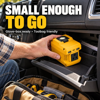 2-in-1 Portable Power Inverter & Floodlight | Convert Tool Batteries to 110V AC