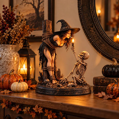 🖤 Light-Up Witch & Skeleton Gothic Figurine | Dark Halloween Tabletop Scene with Glowing Flame Detail 🔥