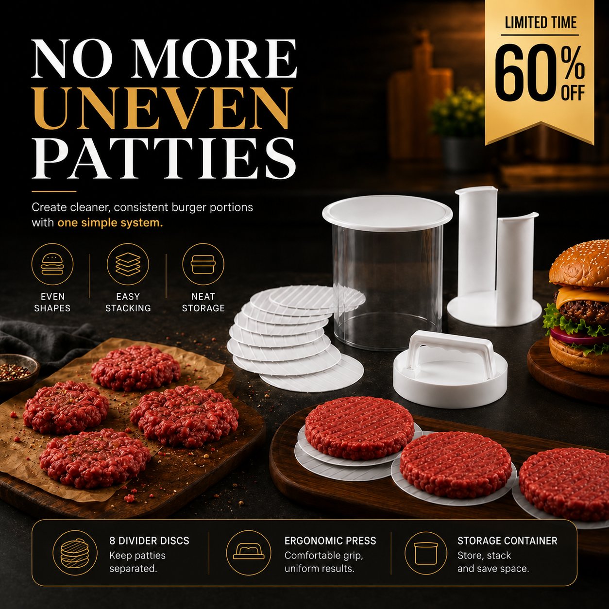⏰Limited Stock 60% OFF🍔Non-Stick Burger Mold Shaper with Freezer Storage Container - 12-Piece Set with 8-Layer Plastic Discs