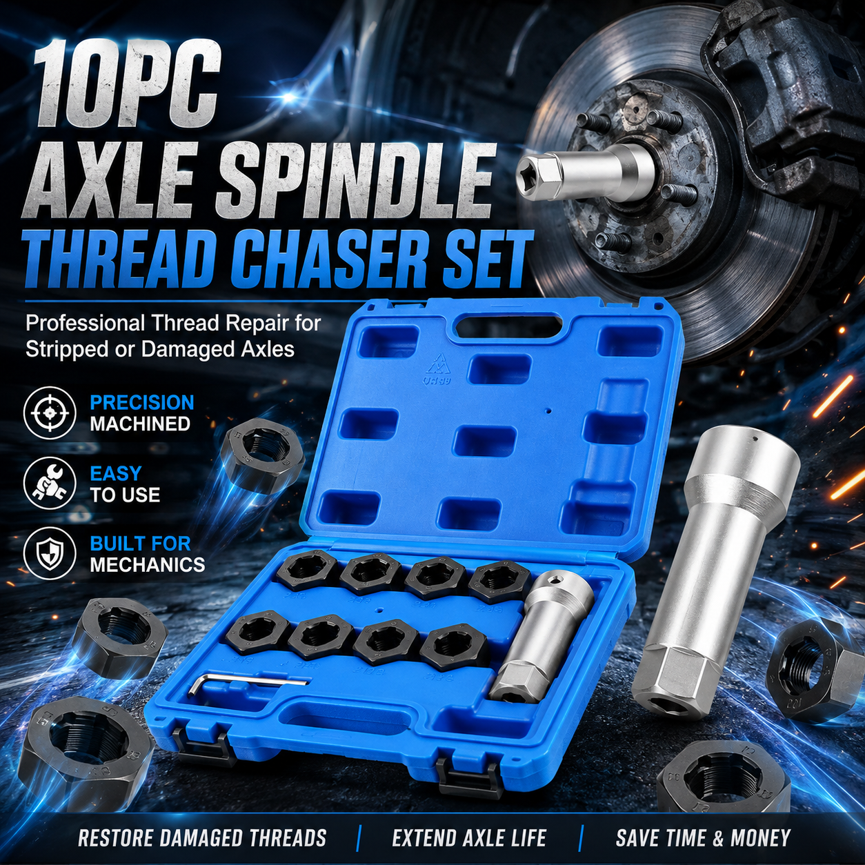 🔧 2026 HOT SALE✨50K+ SOLD!🛠️ 10-Piece Axle Spindle Thread Chaser Set