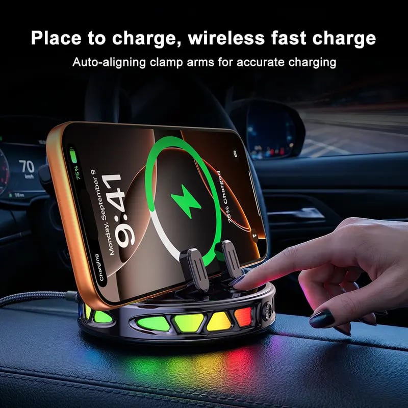 360° Rotating Wireless Charging Car Phone Mount with RGB LED Lights