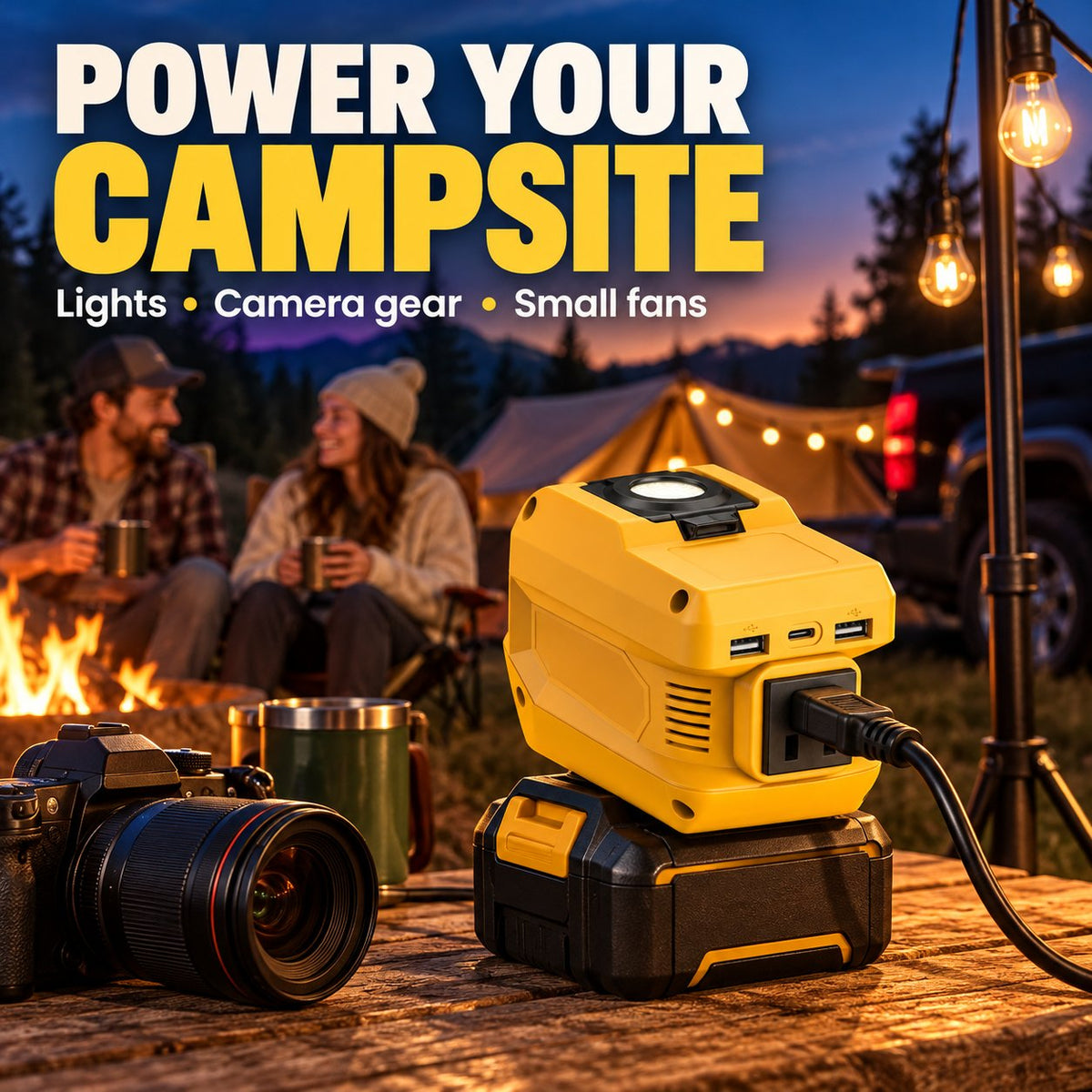 2-in-1 Portable Power Inverter & Floodlight | Convert Tool Batteries to 110V AC