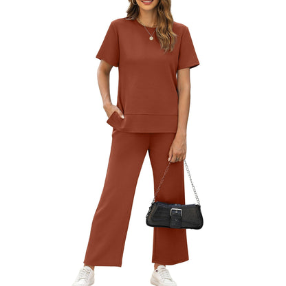casual summer set featuring loose, wide-leg trousers—perfect for airport travel, beach vacations, and downtime; designed with short sleeves and soft, comfortable fabric