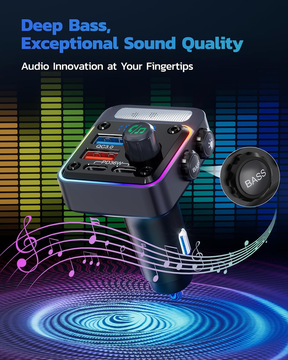 54W Bluetooth 5.3 FM Transmitter Car Charger with PD Fast Charging