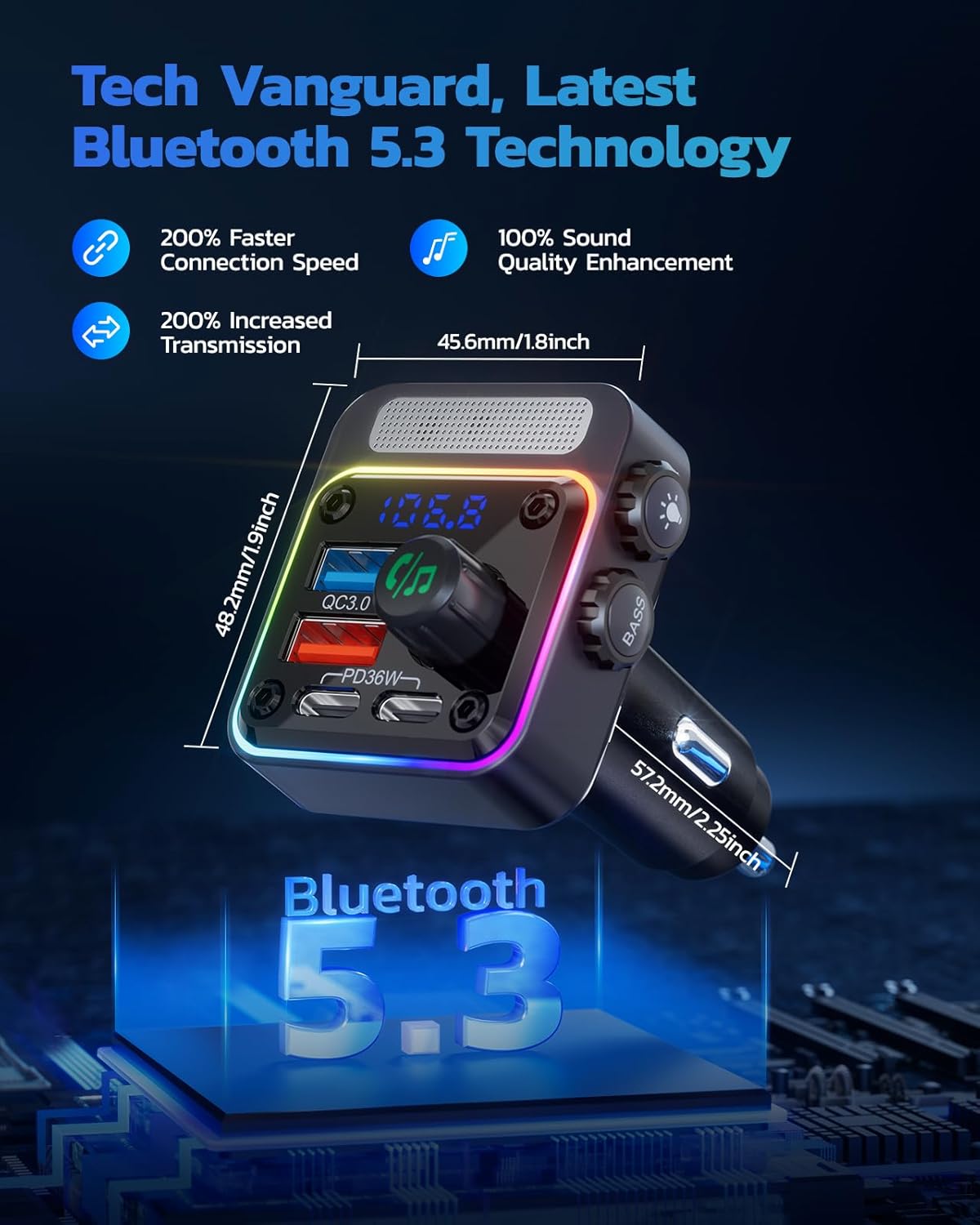 54W Bluetooth 5.3 FM Transmitter Car Charger with PD Fast Charging