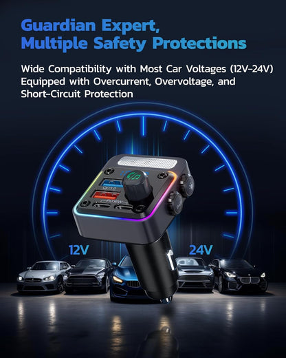 54W Bluetooth 5.3 FM Transmitter Car Charger with PD Fast Charging