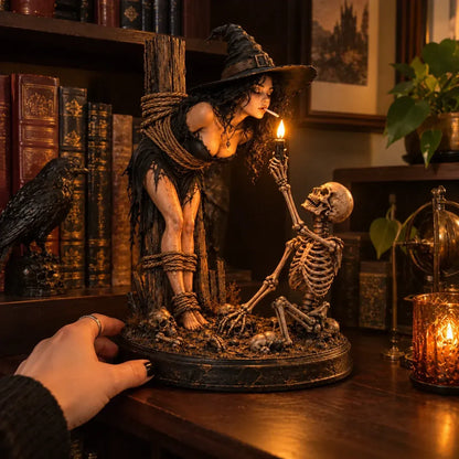 🖤 Light-Up Witch & Skeleton Gothic Figurine | Dark Halloween Tabletop Scene with Glowing Flame Detail 🔥