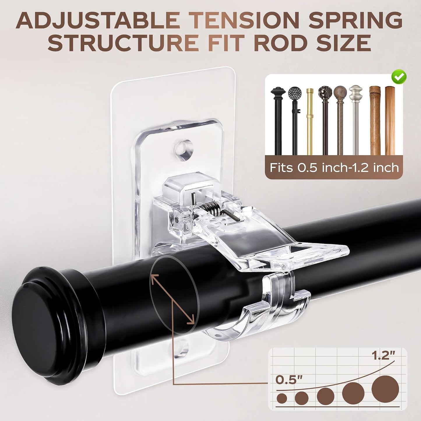 No Drill Clear Curtain Rod Brackets 4 Pcs Self-Adhesive Mount Nail Free Hangers for Bathroom, Bedroom, Hotel