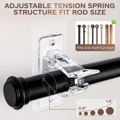 No Drill Clear Curtain Rod Brackets 4 Pcs Self-Adhesive Mount Nail Free Hangers for Bathroom, Bedroom, Hotel