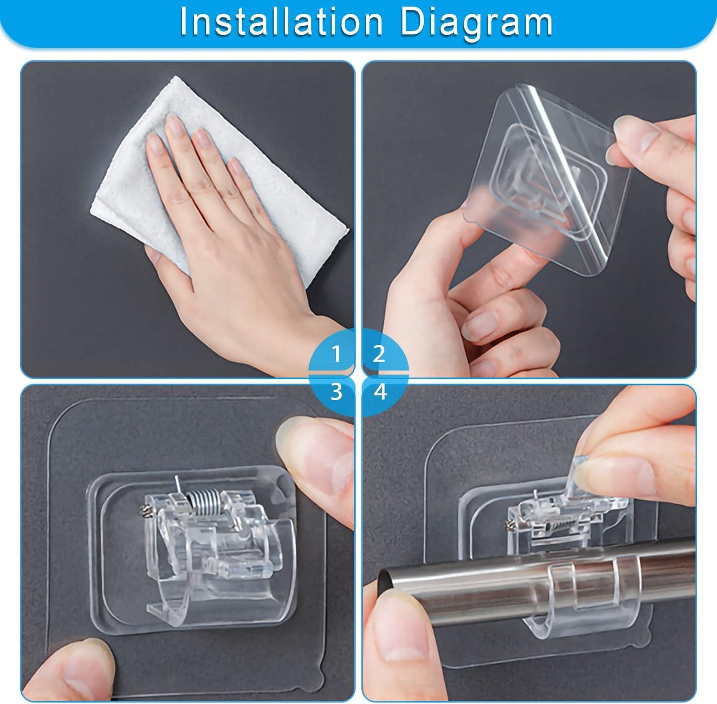 No Drill Clear Curtain Rod Brackets 4 Pcs Self-Adhesive Mount Nail Free Hangers for Bathroom, Bedroom, Hotel