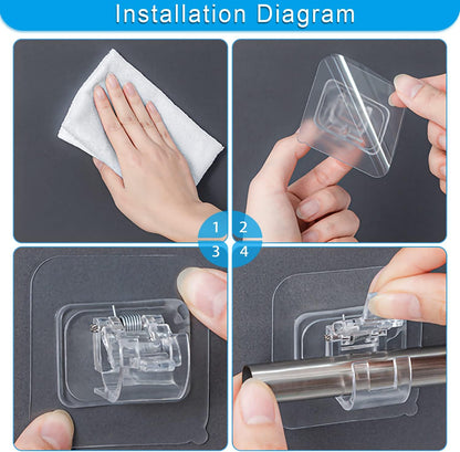 No Drill Clear Curtain Rod Brackets 4 Pcs Self-Adhesive Mount Nail Free Hangers for Bathroom, Bedroom, Hotel