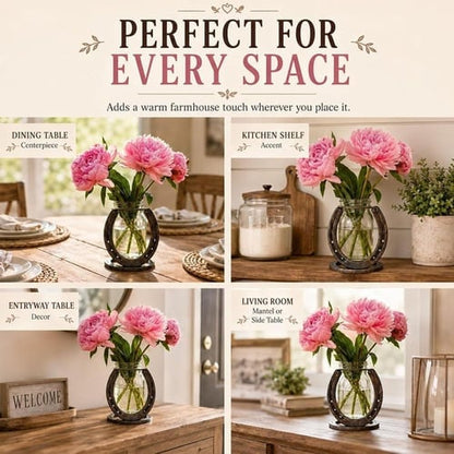 Rustic Horseshoe Flower Vase, Farmhouse Glass Bud Vase Decor with Matte Cast Iron Horseshoe Stand