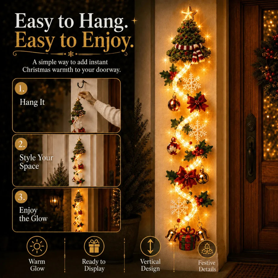 ⏳ – 🎄MerryCascade™ Glowing Christmas Door Hanger | 6 Festive Lighted Designs with Warm Glow, Dimensional Details & Space-Saving Vertical Décor ✨