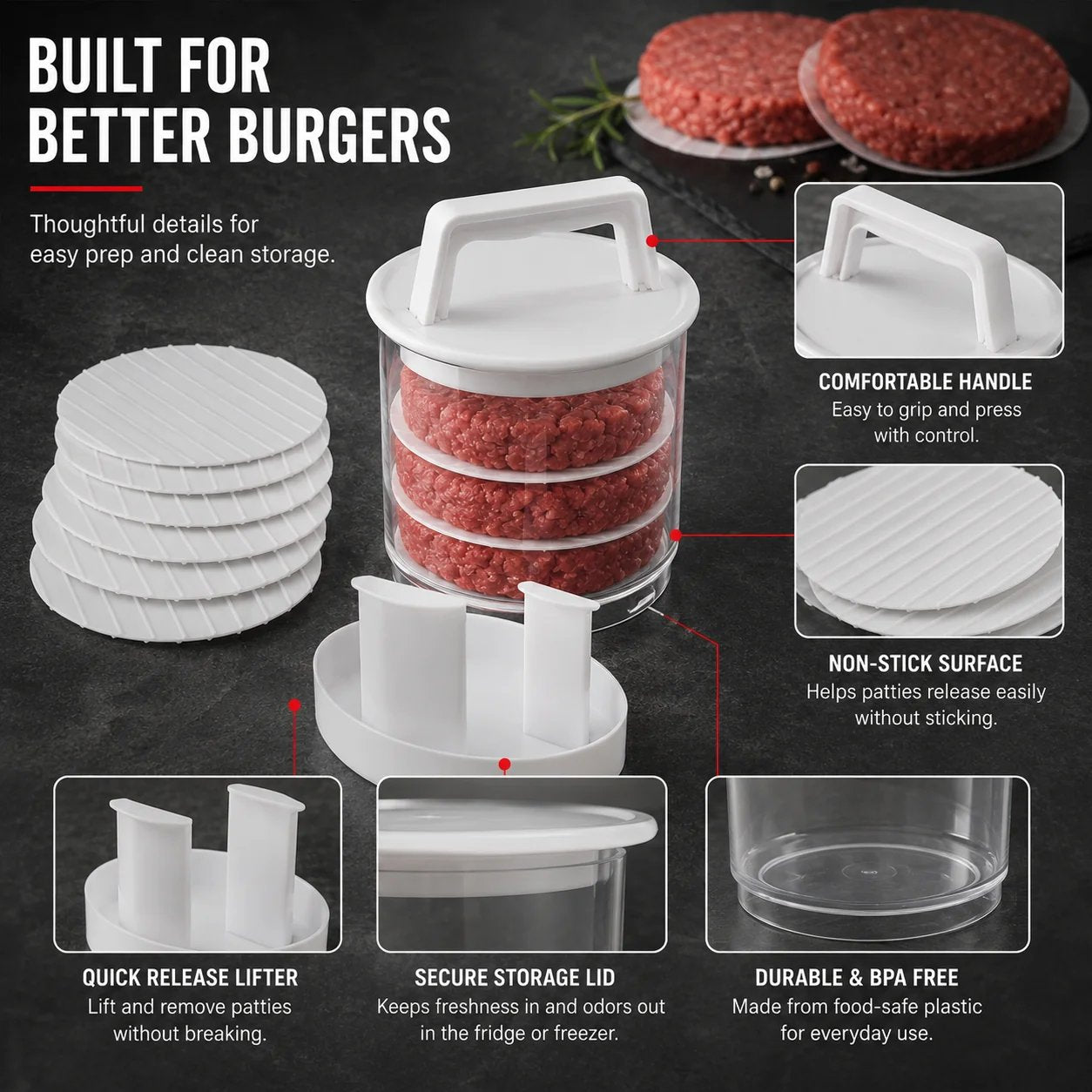 ⏰Limited Stock 60% OFF🍔Non-Stick Burger Mold Shaper with Freezer Storage Container - 12-Piece Set with 8-Layer Plastic Discs