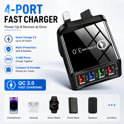 Four-Port Travel Charger for Extended Phone Battery Life
