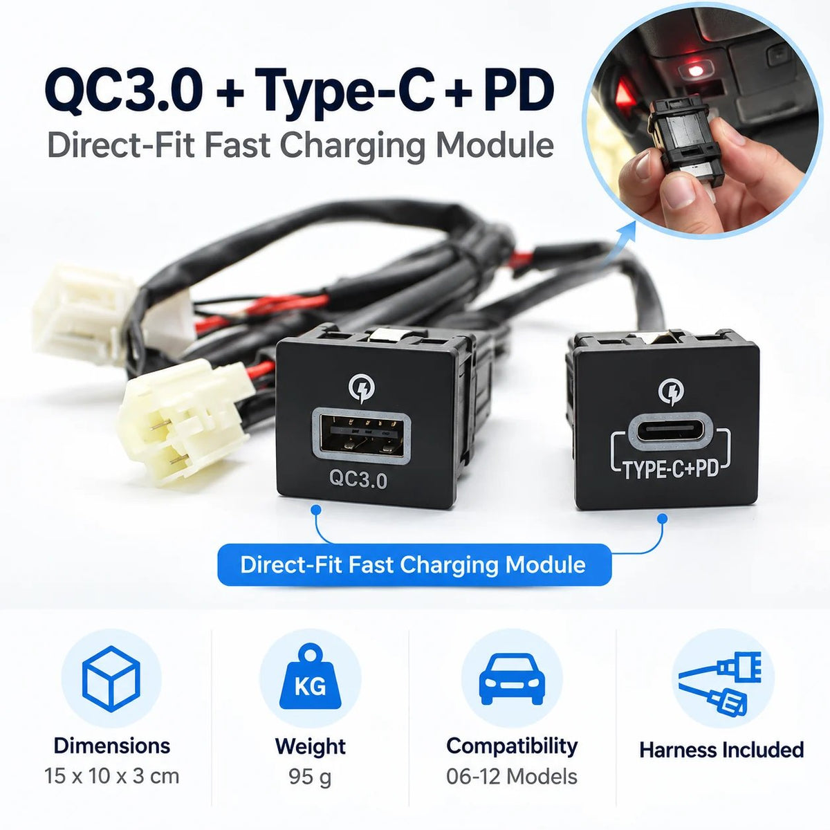 Direct Fit Car Charging Module - Plug & Play with Wiring Harness 🔌