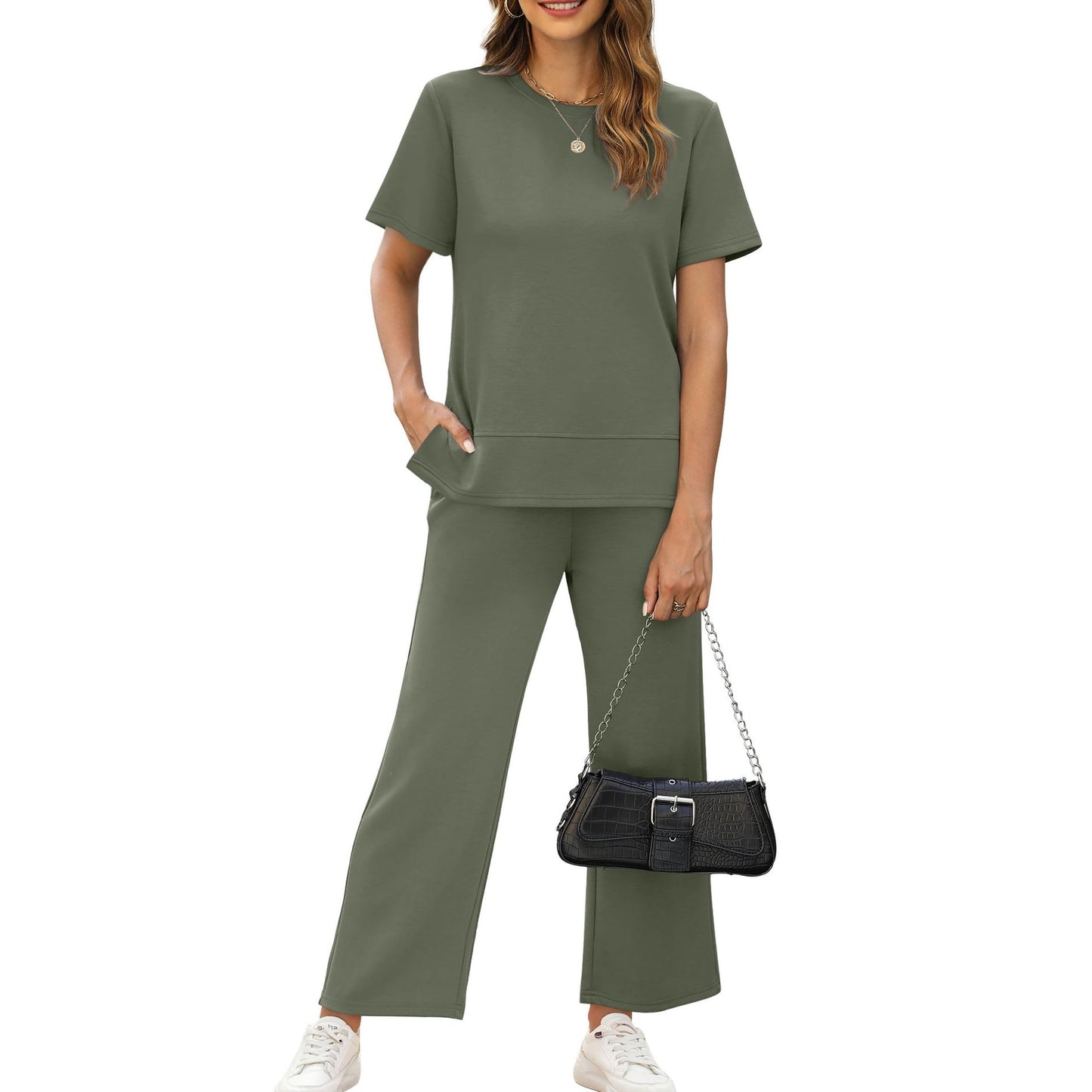casual summer set featuring loose, wide-leg trousers—perfect for airport travel, beach vacations, and downtime; designed with short sleeves and soft, comfortable fabric